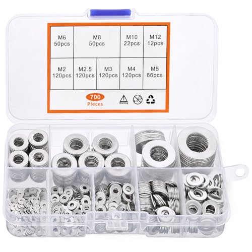 Flintronic 700PCS Stainless Steel Flat Washers: 9 Sizes, M2-M12, Round Washers with Storage Box for Home & Construction