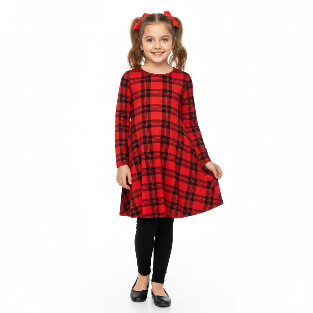 A2Z 4 Kids Girls Swing Dress Tartan Check Long Sleeve Flared Comfortable Lightweight - Swing Dress Tartan 3-4