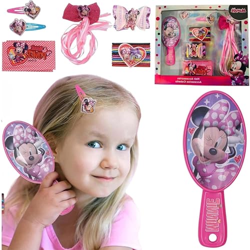 Juego de 18 accesorios para el cabello de Minnie Mouse, juego de belleza, bandas de clip de peine de Disney, regalos de cumpleaños de Navidad para niños y niñas de 3 años en adelante, juego de pelo de
