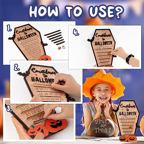 BOFUNX Halloween Adventskalender Halloween Deko mit Geist und Kürbis Beweglicher Holzblock Halloween Countdown Kalender aus Holz für Halloween Party Ornament