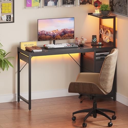 Image of YOUDENOVA 40 Inch Gaming Computer Desk with Led Lights, Small Desk with Storage Shelves and Drawers, Reversible Compact Gamer Table for Home Office, Carbon Fiber Black