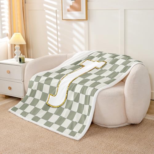 Image of Erosebridal Sage Green Checkered Sherpa Blanket Plaid Initial J Fuzzy Plush Throw Personalized Monogram Fleece Blanket for Kids Boys Girls,Fashion Grids Gingham Decor for Bed Couch Queen 90 inchx90 inch