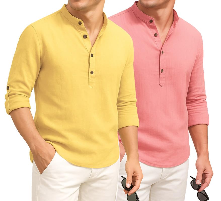 Image of DEELMO Combo of Men's Cotton Blend Solid Regular Fit Full Sleeve Short Kurta | Men's Trendy Short Kurta Pack of 2