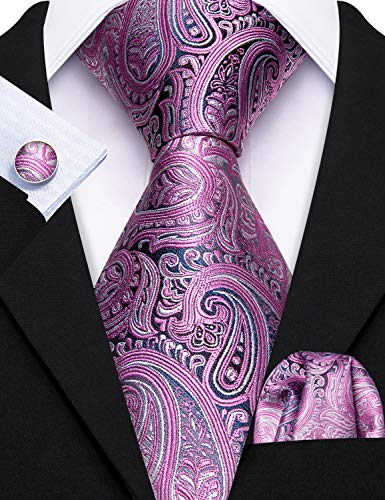 Image of Barry.Wang 6 PCS Men Ties Set Silk Business Fashion Woven Necktie Handkerchief Cufflinks Paisley Stripe Wedding Party