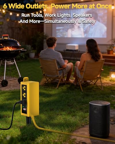 Image of Outdoor Extension Cord, 6 Wide Outlets, 1875W /15A, 15FT 14AWG Heavy Duty SJTW Power Strip with Surge Protector, All-Weather & IP66 Fully Waterproof, Ideal for Patio, Garden, Pool, RV, Yellow