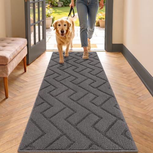 Image of hicorfe Dirt Trapper Indoor Doormat,20 inchx48 inch Welcome Door mat,Non Slip Backing Washable Door Mats,Absorbent and Resistant Low-Profile Entrance Inside Floor Mat for Front Back Door,Entryway (Grey)