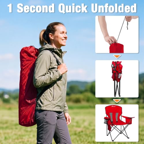 Image of Camping Chairs for Adults 2 Pack, Folding Chair with 4-Can Cooler Bag & Cup Holder, Portable Heavy Duty Outdoor Chair for Camping, Beach, Lawn, Fishing, Red