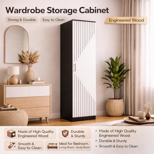 Image of Spyder Craft Fraser Single Door Engineering Wood Wardrobe for Clothes, Stylish Cupboard for Bedroom, Multi Utility Design with Multirack Storage Color - Black & White