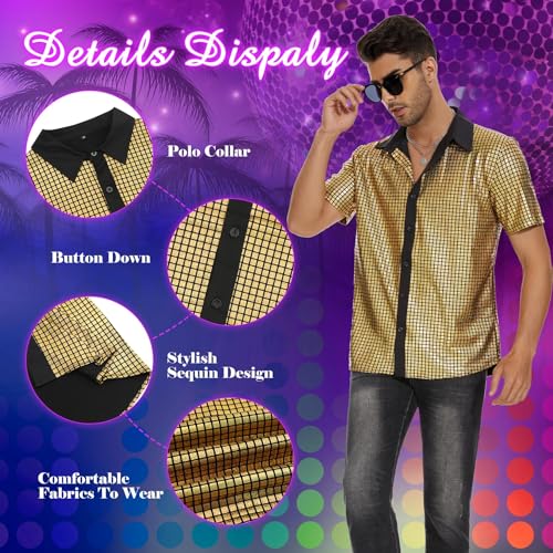 Image of Zando Men's Sequin 70s 80s Disco Shirt - Retro Short Sleeve Button Up Costume Halloween New Year Party Outfit Top & Clubwear
