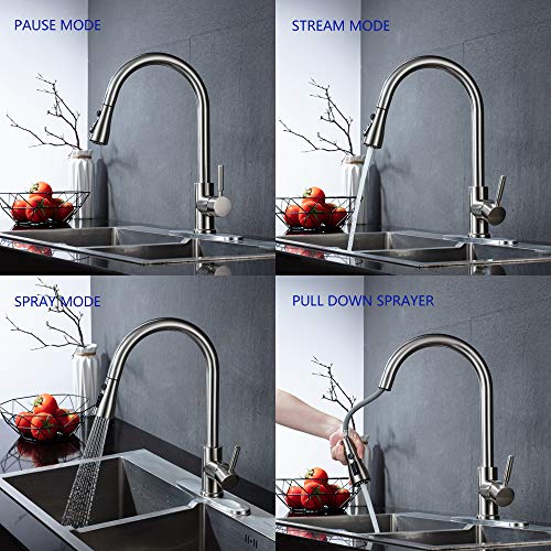 Kitchen Faucet Single Handle Brushed Nickel with Pull Down Sprayer, Commercial High Arc Pull Out Stainless Steel Kitchen Sink Faucets Single Hole