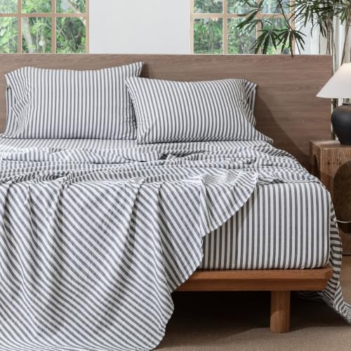 Image of MooMee Striped Sheet Set 100% Washed Cotton Linen Like King | Relaxed Linen-like Texture. Soft, Breathable & Lightweight Comfort. 15-19 inch Extra Deep Pocket with All-around Elastic
