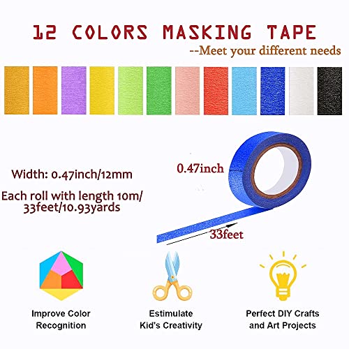 Colored Masking Tape, 12 Colors Rolls Painters Tape Art Craft Diy Tape, Decorative Paper Tape For Kids Artist Teachers School Classroom Labeling Drafting Scrapbooking, 0.5Inch X10.93Yards #TOP1