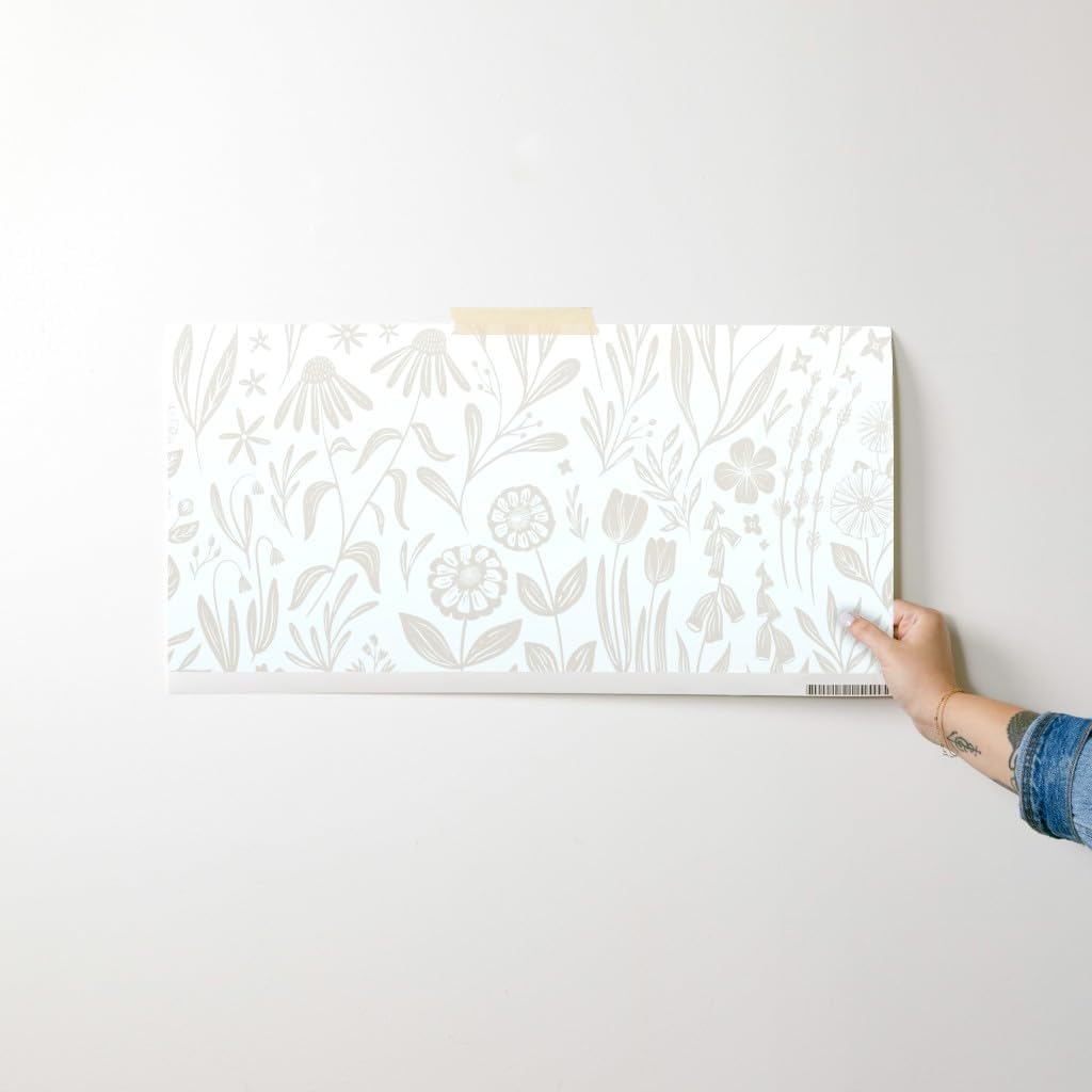 Peel & Stick Wallpaper Swatch - Wildflowers Tan Cream Flowers Leaves Floral Modern Custom Removable Wallpaper by Spoonflower
