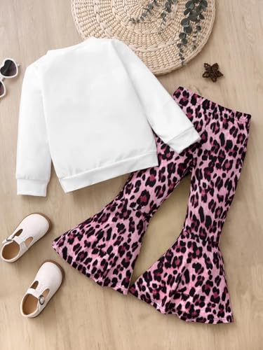 Image of KIDLAGA Toddler Girl Clothes Figure Graphic Drop Shoulder Top Pullover Leopard Print Flared Pants Fall Winter Outfit Set