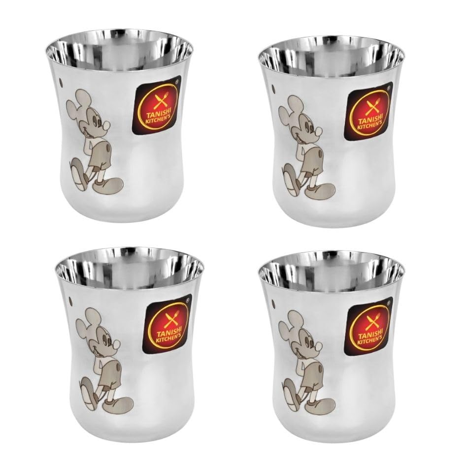 TANISHI KITCHEN'S Stainless Steel Mickey Character Glass – Set of 4, 100ml Each | Cartoon-Themed Drinkware for Kids | Durable, Break-Resistant & BPA-Free