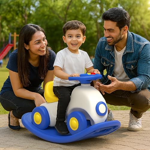 Image of OK PLAY 3-in-1 Ride-On Car for Kids | Rocker, Ride & Balance Board | Push Ride-On with Steering & Horn | Convertible Indoor Outdoor Toy | 18+ Months (Multicolor)