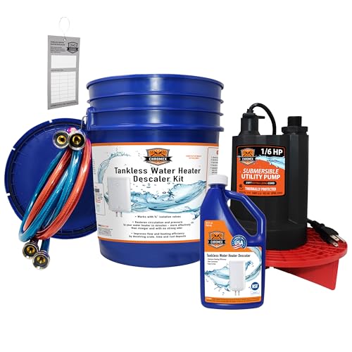 Chromex Tankless Water Heater Flush Kit with NSF Certified Liquid Descaling Solution and 1/6HP Extra...