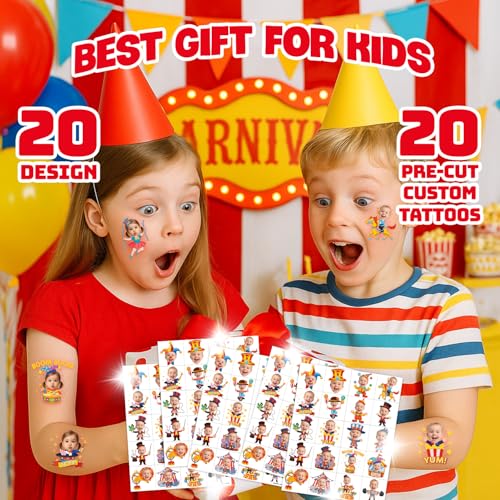 Image of Custom Carnival Circus Clown Temporary Tattoos for Kids, Set of 20 | Personalized Pre-Cut Face Photo, Birthday Party Favors, Boys Girls, Carnival Lovers