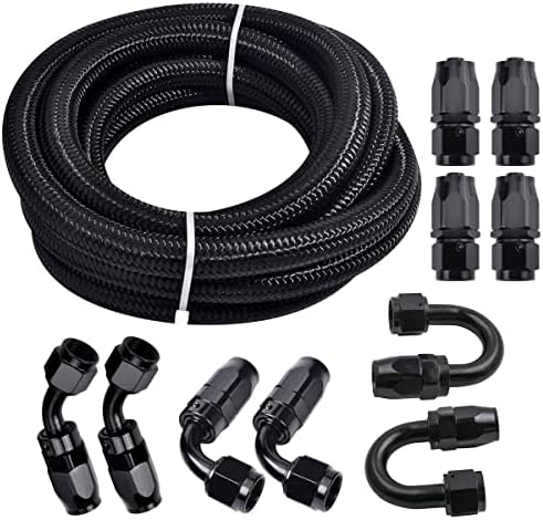 3/8 6AN 20FT Fuel Line Hose Kit, Nylon Stainless Steel Braided Fuel Line Oil/Gas/Fuel Hose End Fitting Hose with 10PCS Swivel Fuel Hose Fitting Adapter Kit - Black