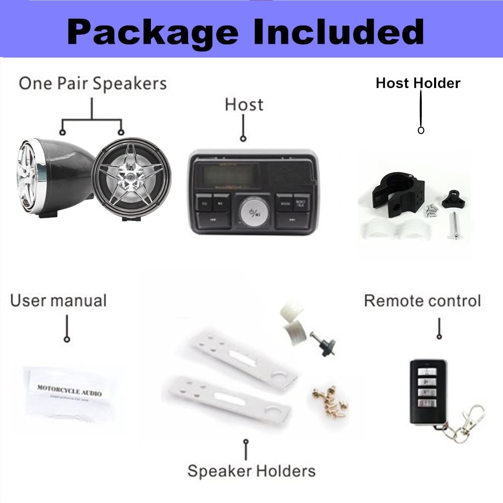 XYC 12V Radio 3 inch Motorcycle ATV UTV Golf Cart Waterproof Anti-Theft Bluetooth Speaker USB TF U Disk FM Radio Stereo System (Silver Star&Black)