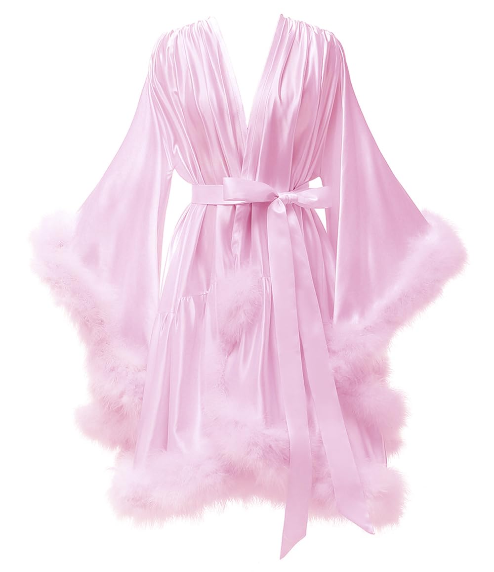 Yexinbridal Feather Fur Robe Silk Satin Bridal Dressing Gown Sexy Illusion Lingerie Nightgown Bathrobe Sleepwear