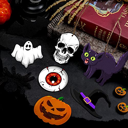 24 Pcs Halloween Wooden Hanging Ornaments Wooden Pumpkin Ghost Witch Hat Spiders Bats Ornaments Halloween Wood Hanging Signs Halloween Wooden Decors With Rope For Party Decoration (Classic Style) #TOP6