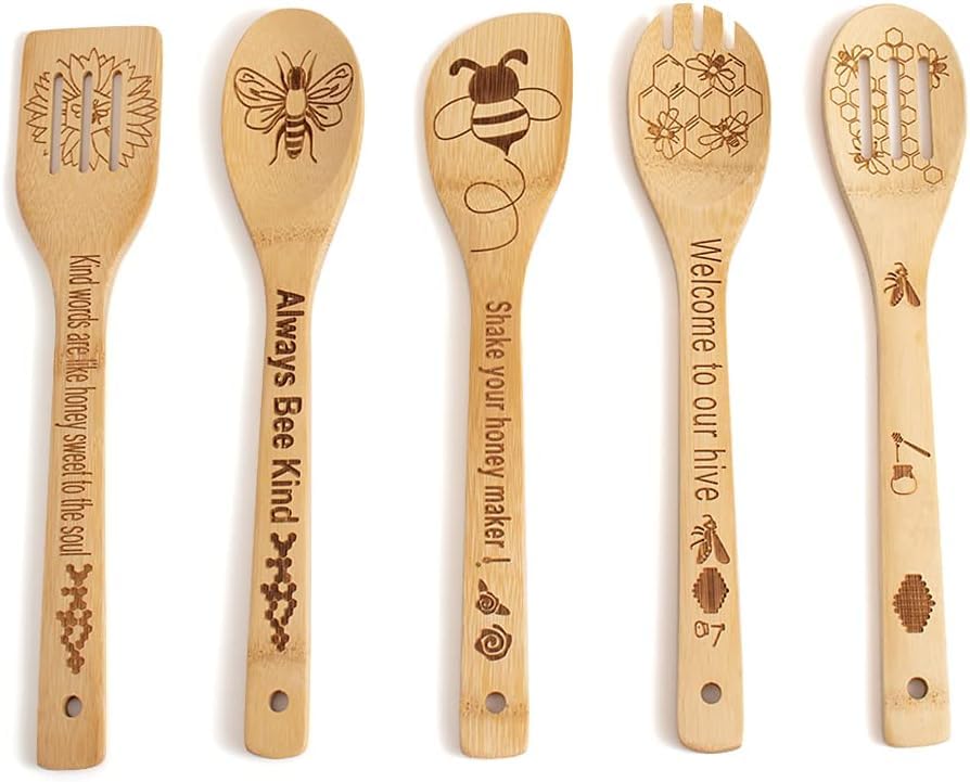 Juego de 5 cucharas de bambú de abeja con utensilios de cocina y espátula grabada 4