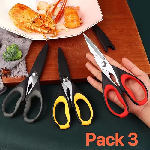Image of Kitchen Scissors, Heavy Duty Shears with Safety Cover, Soft Grip, for Meat, Poultry, Herbs Cutting, Bottle and Jar Opener (Red-grey-orange)