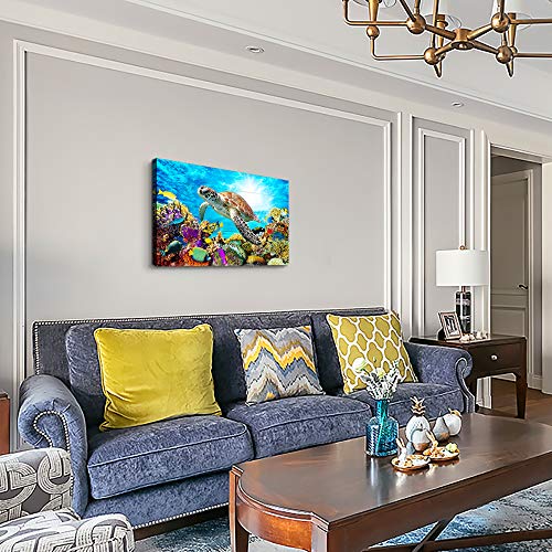 Family Canvas Wall Art - Sea Turtles & Blue Ocean - 16x24 Inch - For Bedroom, Living Room, Kitchen & Office