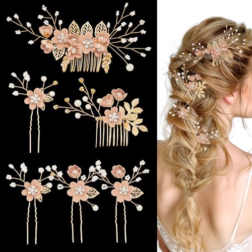 6 Pcs Bridal Hair Accessories French Hair Side Combs and Hair Pins Gold Wedding Jewelry Headpiece with Rhinestone for Brides Bridesmaids Women Girls(Pink Flower