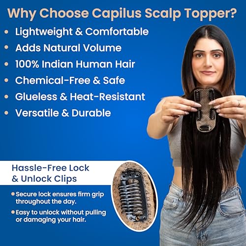Image of Capilus 100% Human Hair Extensions for Women, Clip in Scalp Topper /Hair Topper, Silk Based- (4 inchx2 inch, 16 Inches, Natural Black)