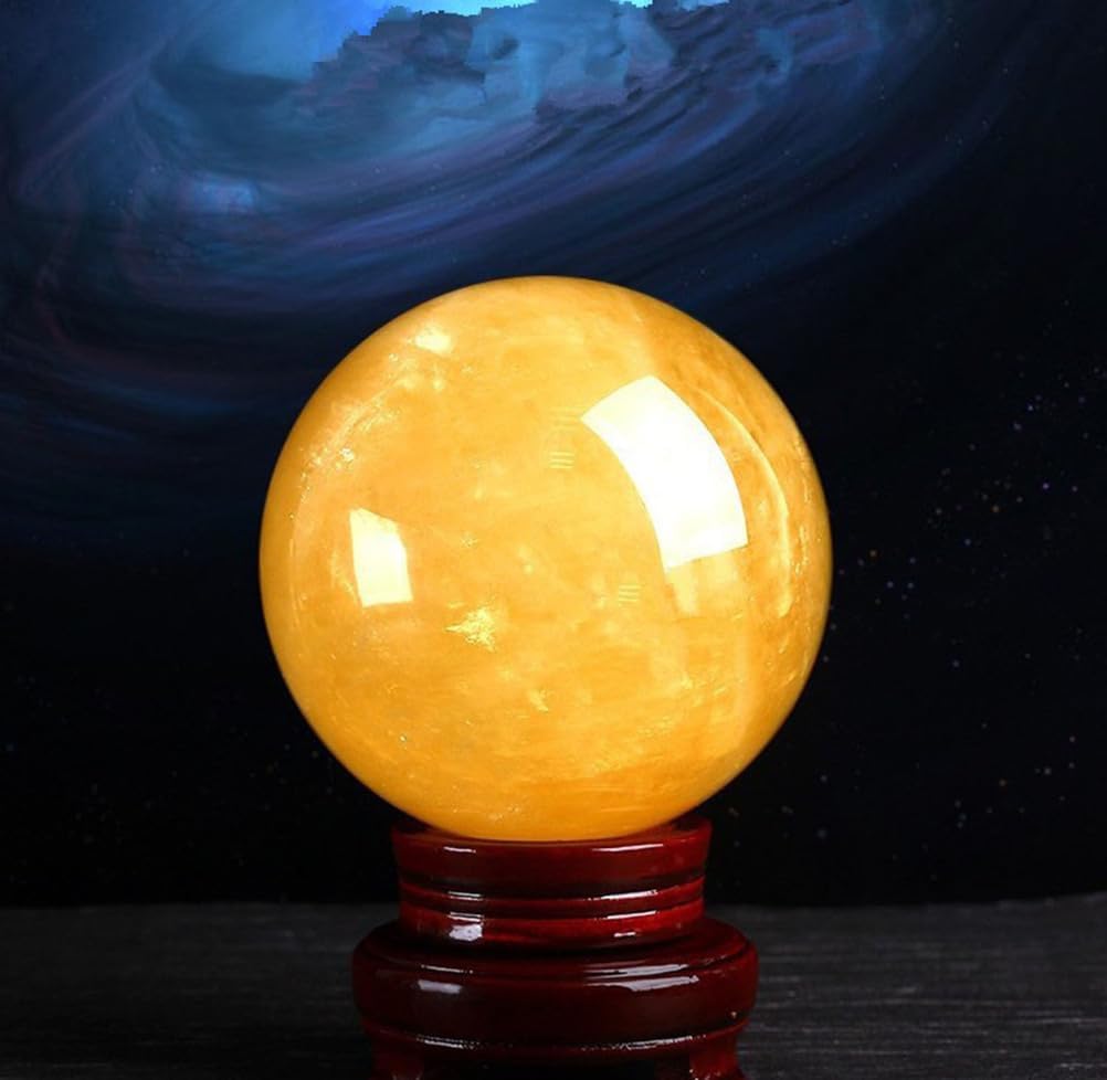 Citrine Ball with Wooden Stand| Yellow Calcite Quartz Sphere| Scrying Feng Shui Crystal Stone Sphere Sculpture | Decorative Ball,3.14"(8cm)