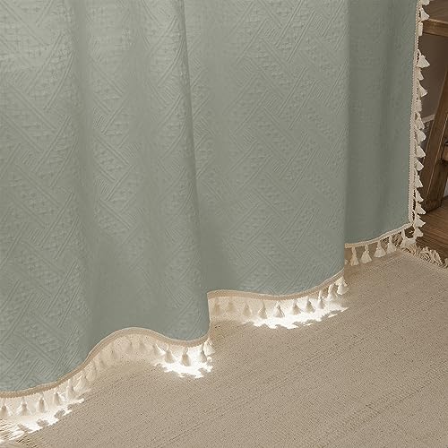 Image of Joydeco Greyish Green Boho Curtains 63 Inch Length 2 Panels Set, Boho Curtains for Bedroom Living Room, Super Soft Light Filtering Country Rustic Semi Sheer Farmhouse Curtains Rod Pocket
