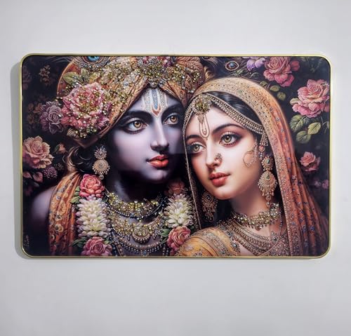 Image of Masstone Radha Krishna Crystal Embedded High Gloss Wall Painting, Golden Slim Frame, 45x30 Cm Wall Art for Living Room, Bedroom, Office & Home Decor (CRG55)
