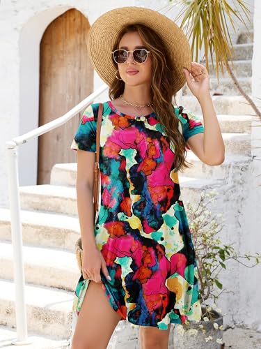 Image of Heymoments Women's Short Sleeve Crewneck Sundress Summer Casual A-Line Beach Dress with Pockets S-2XL