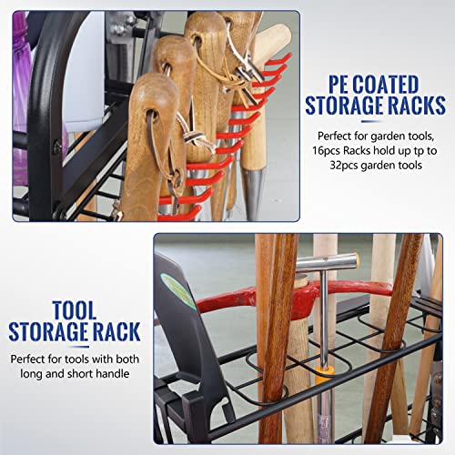 Mythinglogic Alloy Steel Storage Rack, Garden Tool Organizer with 4 Hooks, 16pc Racks, Heavy-Duty 3" Wheels