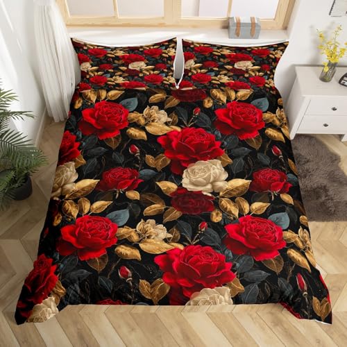 Homewish Housse de Couette 200x200 Enfant Fleurs,Parure de Lit Enfant Fleurs,Sets de Housses de Couettes Feuilles Romantique Rose Jardin Or Rouge Noir Filles,Couvre Lit Femmes Adultes Enfants