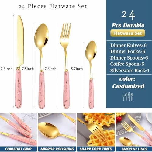 Image of Artek Stainless Steel Spoons, Forks & Knives Set of 24 with Stand and Ceramic Handle Golden Cutlery Set (Pink)