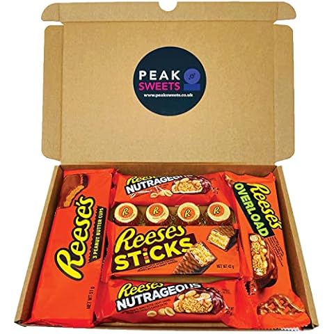 Peak Sweets American Sweets Gift Box - Assortment of 7 Classic Reese's Chocolates Gift Set - Letterbox Sweets Reeses Gift Hamper Reeces Box Set Peanut Butter Cover