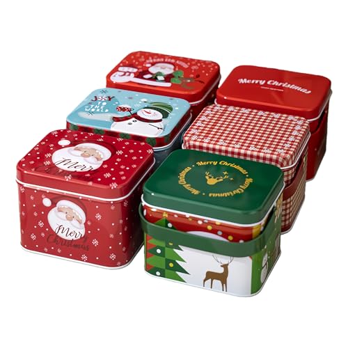 Cajas de golosinas navideñas – Juego de 6 piezas de metal, construcción robusta de hojalata, almacenamiento versátil, contenedor perfecto para niños, familia, amigos, colegas, pasteles, aperitivos