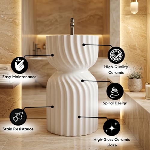 Image of Well Set Luxury Ceramic One Piece Pedestal Wash Basin | Premium Stand Wash Basin Square for Home Office Hotel | Glossy White