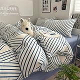 VM VOUGEMARKET Blue Geometric Duvet Cover Set, 100% Cotton Stripes Bedding Set,3 Pieces Instagram Style Simple Modern Duvet Cover with 2 Pillowcases-Queen,Blue Stripes