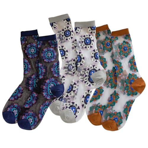 Image of Starella Womens Summer Sheer Socks Mesh Cute Floral Dress Sock Transparent Nylon See Through Stockings 3 Pairs Floral /Vintage
