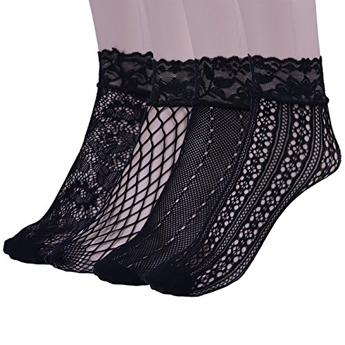 HDE Women's Lace Fishnet Ankle Socks Black Hollow Out Sheer Dress Socks (4 Pack)