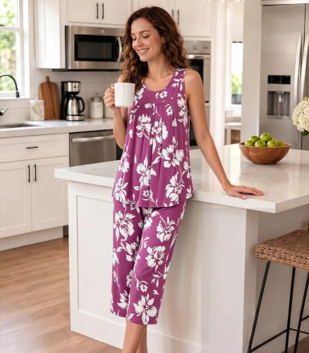 Image of NACHILA Pajamas for Women-Viscose Made from Bamboo, Sleeveless Pjs Tank Top Capri Pants Pajama Sets Cooling Sleepwear