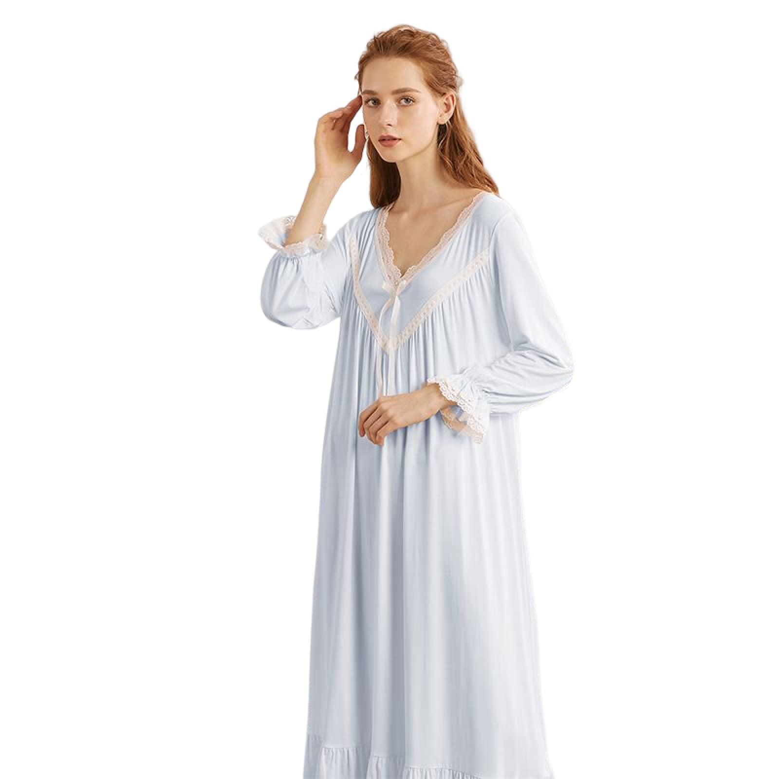 OFFSUM Camisón De Pijama De Mujer - Primavera Verano Cuello En V Encaje Bowknot Camisón Vestido De Algodón Lencería Casual Ropa De Dormir Princesa Bata Ropa