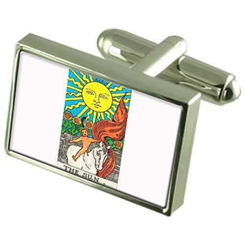 Gemelos de Tarot El Sol y pasador de corbata grabado en caja de cristal artesanal