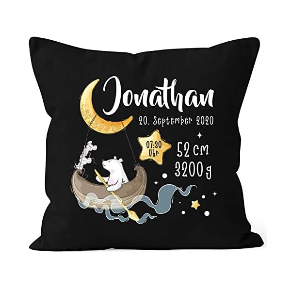 SpecialMe® personalisierbarer Kissen-Bezug zur Geburt Bär Mond und Sterne Geburtskissen, Namenskissen schwarz 40cm x…