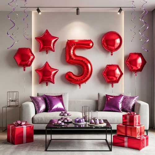 Image of Number Balloons Red Party Balloon - 40 Inch Large Number 5 Balloon, Numbers Balloon Birthday Decorations, Red Party Supplies for Anniversary
