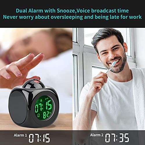 With Voice Talking Led Time Temperature For Bedroom，Projection Alarm Clock For Bedrooms Digital Voice Report Alarm Clock 12/24 Hdigital Electric Clocks Projection On Ceiling , Bedside , Office (Black) #TOP7